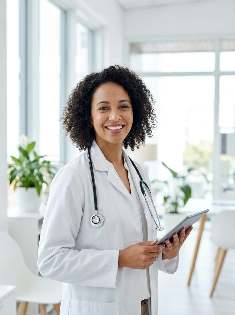 Médica do trabalho usando o ASO Fácil em uma clínica moderna