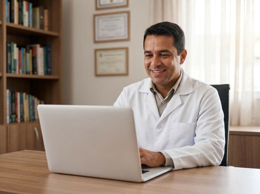 Médico do trabalho autônomo atendendo em seu consultório
